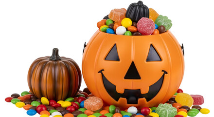A halloween pumpkin bucket filled with candy and a small pumpkin beside it, surrounded by scattered candy, isolated on transparent background