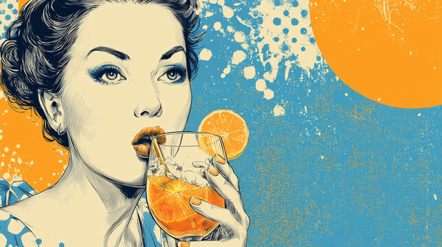 A retro advertising style flat illustration in bold colours of a woman enjoying a cocktail, vintage vibes, with copy space for text or design, wide landscape format aspect 25:14