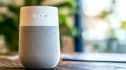 Smart Speaker on Wooden Table with Blurred Background