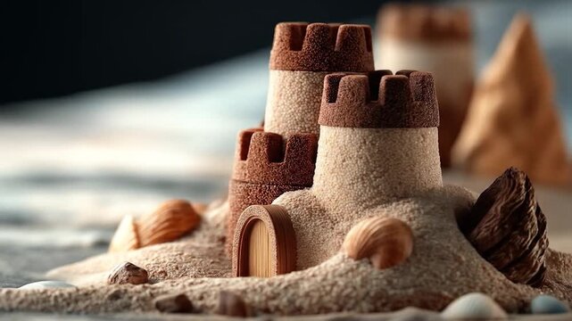 Sandy Castle Delight: A meticulously crafted sandcastle, complete with turrets and a gateway, sits amidst sun-kissed sand, shell decorations.