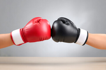 Two boxing gloves, one red and one black, are shown in a boxing match. The gloves are positioned in a way that they are facing each other, as if they are about to engage in a fight