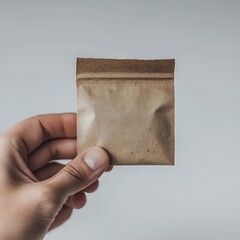 Hand Holding Small Brown Compostable Tea Bag in Kraft Envelope. Generative Ai