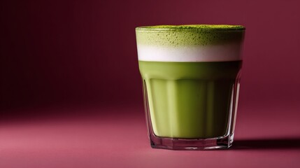 Minimalist Matcha Latte in Faceted Glass on Deep Red Background with Foam Layer and Long Shadow