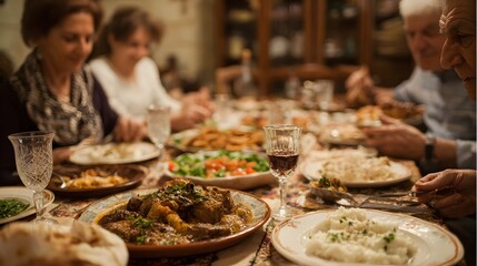 Obraz premium Family Gathering Dinner Table with International Cuisine: Homemade Dishes, Vegetables, Meat, Wine; Celebrate Tradition, Sharing Meals, and Hospitality in Comfort at Home