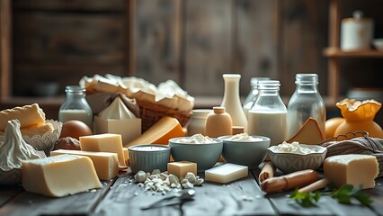 A rustic wooden table displaying a variety of fresh dairy products in soft natural light.