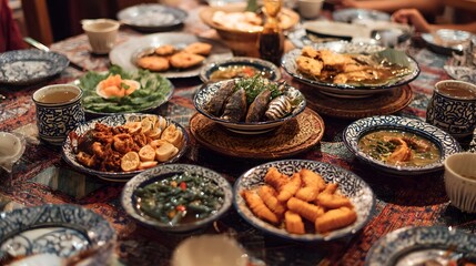 Traditional Asian Feast: Exquisite Cuisine with Seafood, Vegetables, Rice, and Appetizers, Culinary Art in Cultural Heritage Setting, Rustic Tableware and Fresh Ingredients