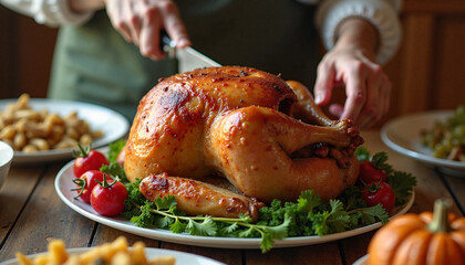 Roasted Thanksgiving turkey being carved on a platter for a festive dinner