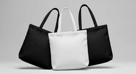 Three canvas tote bags, two black and one white, isolated on white background