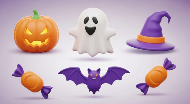 Cute 3D Halloween Icon Set &mdash; Spooky Ghost, Jack-o&rsquo;-Lantern Pumpkin, Witch Hat, Bat, and Candy Illustration