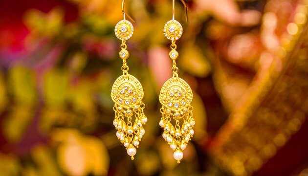 Gold dangle earrings with pearls and crystals