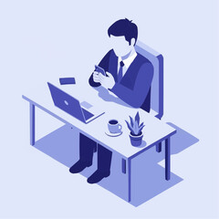 Isometric illustration of a professional businessman sitting at a modern office desk, multitasking with a laptop and smartphone for corporate work
