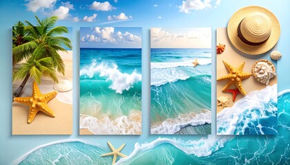 Four beach scenes in a grid format