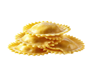 Stack of golden-yellow pasta, likely tortellini,  showing delicate scalloped edges