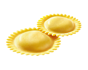 Two round pasta tortellini, light yellow color,  with scalloped edges