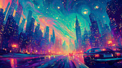 Futuristic neon city skyline with swirling sky and retro car driving on wet reflective road, in a colorful sci-fi style.