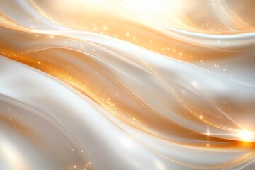 Luxurious white and gold silk fabric with sparkling light. Elegant abstract background with glowing satin texture with golden glitter particles
