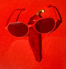 A striking arrangement showcases oversized red sunglasses placed on a bright red chili pepper, set against an equally vivid red surface. The composition emphasizes color contrast and creativity