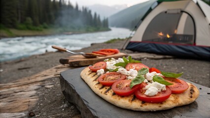 Foodie Adventure Camper Concept Grilled flatbread with tomatoes and cheese near a riverside campsite.