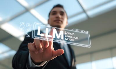 Business professional interacting with virtual LLM large language model interface, ideal for illustrating artificial intelligence technology and digital transformation concepts