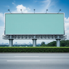 Obraz premium Massive empty teal billboard by a modern highway under a bright blue sky with clouds and a distant city skyline ready for new ads