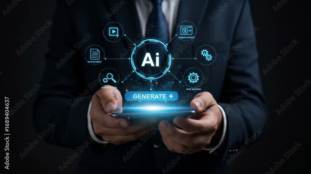 Poster businessman using ai technology on smartphone to generate solutions for digital transformation and b