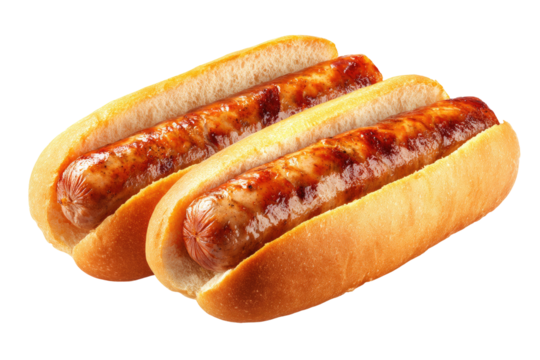 Two grilled hot dogs in buns