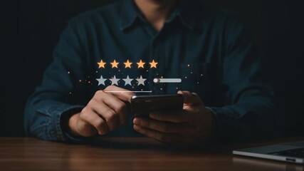 Person using phone to give excellent customer feedback with shining stars, positive online review