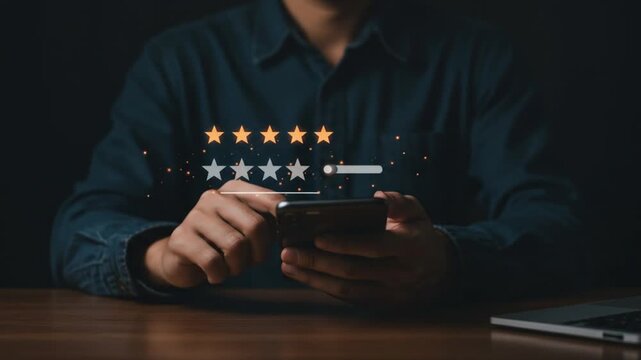 Person using phone to give excellent customer feedback with shining stars, positive online review