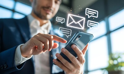 Business professional using smartphone with digital email and chat icons, ideal for illustrating mobile communication and modern corporate messaging technology