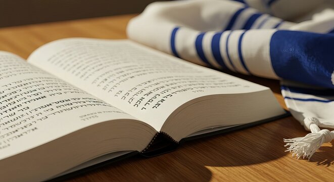 Open book in Hebrew on a wooden surface with a prayer shawl tallit visible nearby