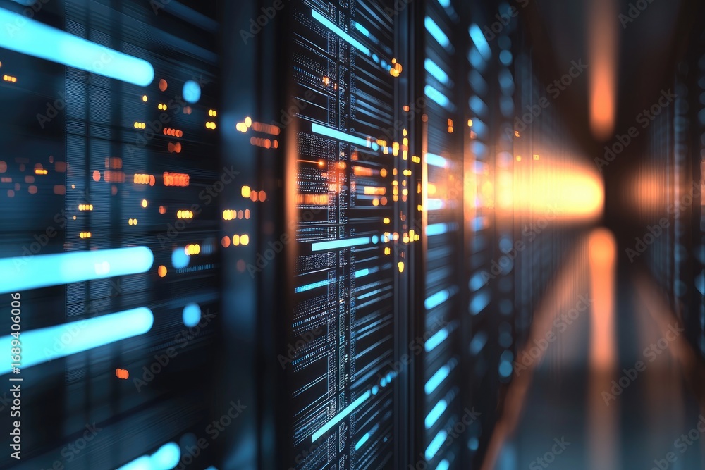 Poster futuristic glowing server racks with blue and orange lights in a high tech data center corridor, sym