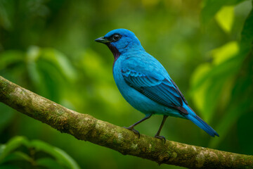 Obraz premium AI-Generated image of a Blue Cotinga (Cotinga nattererii) perched elegantly on a mossy tree branch in the rainforest.