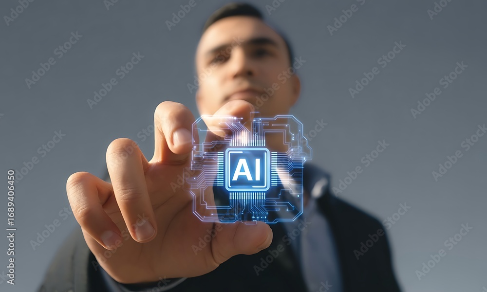 Poster businessperson pressing virtual ai microchip icon with glowing circuit lines, ideal for illustrating
