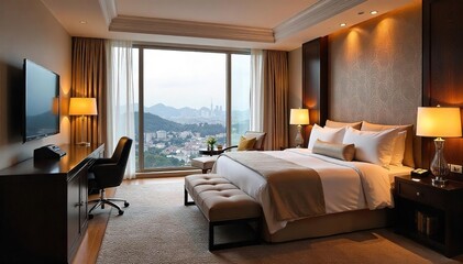 Indulge in opulent comfort A lavish hotel suite features a plush king-size bed, elegant d?cor, and a breathtaking view from the floor-to-ceiling window , peaceful, lamps, opulent