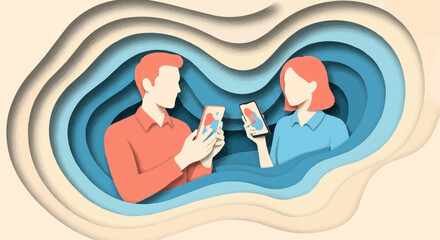 Couple interacting on social media with smartphones, depicted in a modern, layered paper art illustration for communication concepts