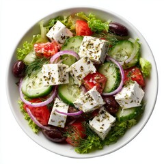 A vibrant Greek salad in a bowl, filled with fresh ingredients. It is a colorful and healthy meal, perfect for any occasion
