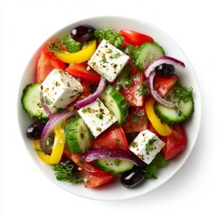 A vibrant Greek salad, a refreshing and colorful dish perfect for a healthy meal. It's an appealing mix of fresh ingredients in a bowl, photographed from above