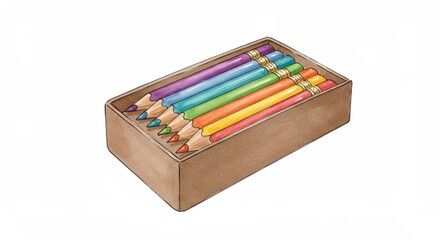 Colorful Pencils in Wooden Box - A set of vibrant colored pencils neatly arranged in a brown cardboard box, perfect for art and craft projects