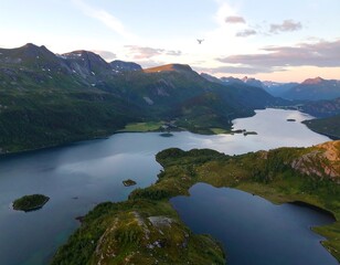 Panoramic aerial view of a fjord landscape