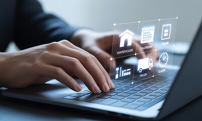 Hands typing on laptop with virtual warehouse, calendar, truck and clock icons, ideal for illustrating logistics management and digital supply chain solutions