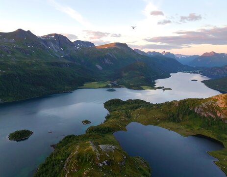 Panoramic aerial view of a fjord landscape