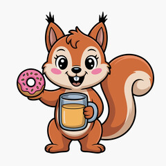 Fototapeta premium Cute Squirrel with Cider and Donut Cartoon Illustration