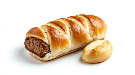 Freshly baked bread roll with a soft interior and crusty golden exterior, alongside a crispy smaller bread roll, perfect for bakery and snack imagery