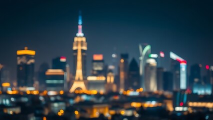 A vibrant city skyline illuminated by glowing lights against a softly blurred night backdrop.