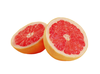Two halves of a vibrant pink grapefruit