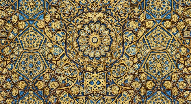 Ornate islamic geometric pattern in blue and gold with intricate floral and star designs visible here