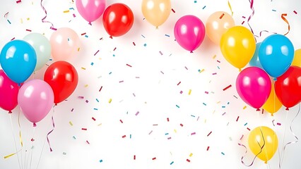 Colorful balloons and confetti float against a clean white background, creating a festive celebration atmosphere.