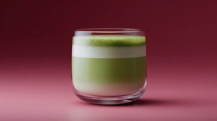 Minimalist Matcha Latte in Rounded Glass on Deep Red Gradient Background with Creamy Foam, Modern Beverage Still Life