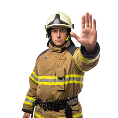 Fototapeta premium A firefighter in full gear, holding up a hand to indicate stop.