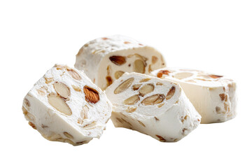 Creamy, almond-studded nougat slices.  Stacked, light-colored nougat pieces, each with visible almond slivers throughout.  Soft, textured, and slightly glossy.  Isolated against black background